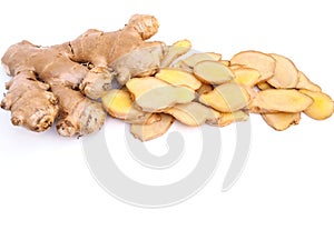 Top view of Fresh sliced Ã¢â¬â¹Ã¢â¬â¹ginger and ginger root isolated on white background photo